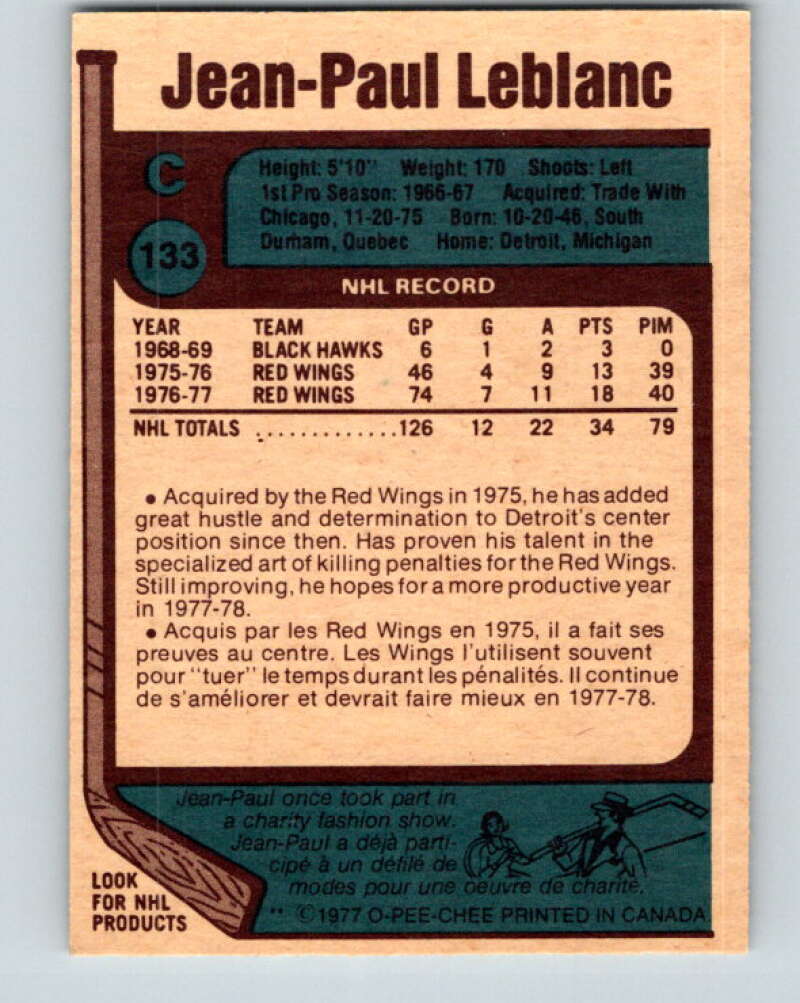 1977-78 O-Pee-Chee #133 Jean-Paul LeBlanc Detroit Red Wings V13815