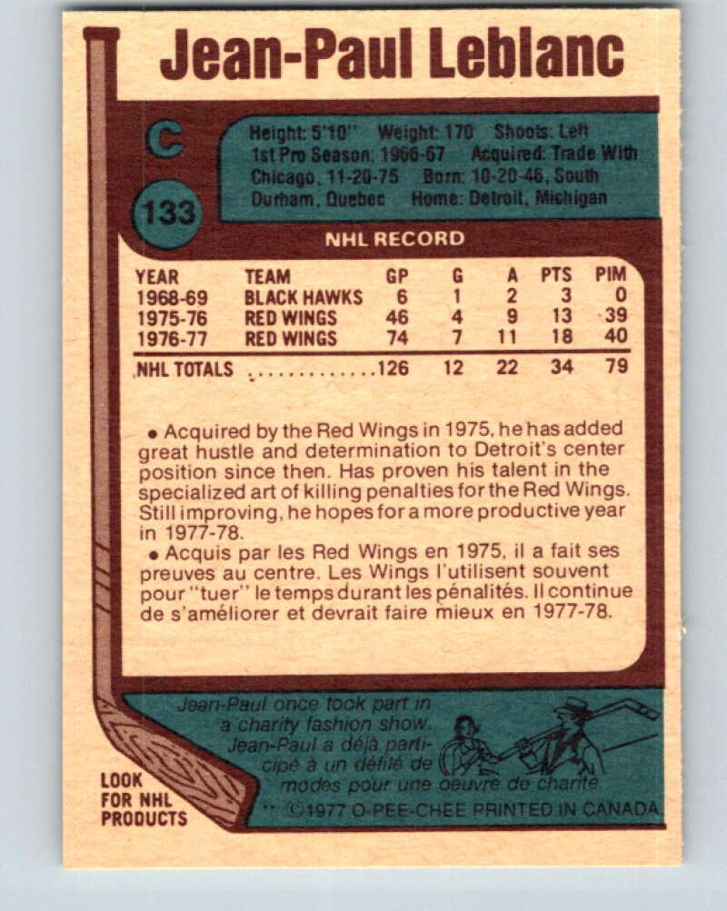 1977-78 O-Pee-Chee #133 Jean-Paul LeBlanc Detroit Red Wings V13817