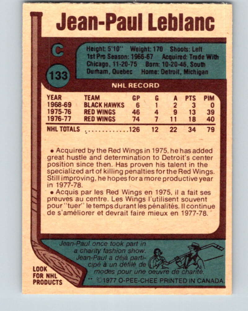 1977-78 O-Pee-Chee #133 Jean-Paul LeBlanc Detroit Red Wings V13818