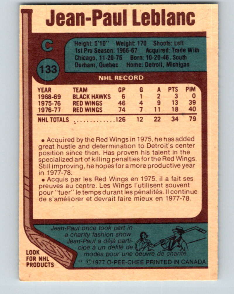 1977-78 O-Pee-Chee #133 Jean-Paul LeBlanc Detroit Red Wings V13819