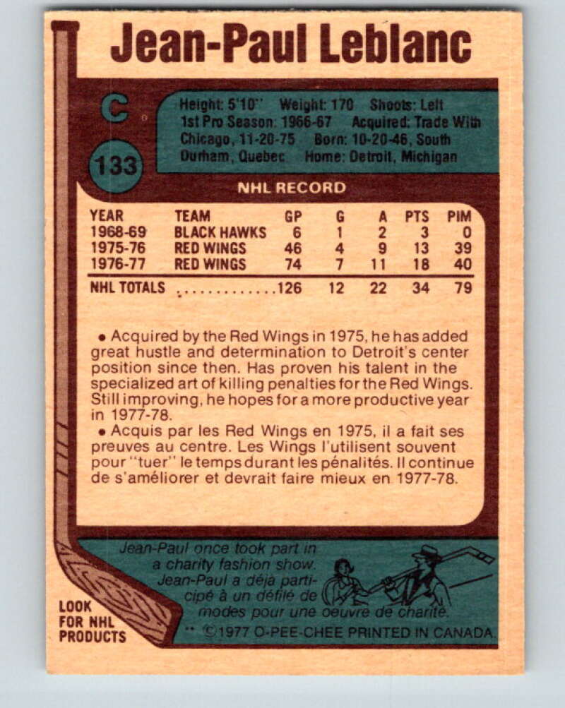 1977-78 O-Pee-Chee #133 Jean-Paul LeBlanc Detroit Red Wings V13823