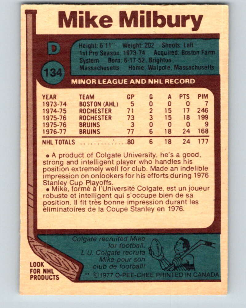 1977-78 O-Pee-Chee #134 Mike Milbury RC Rookie Boston Bruins V13830