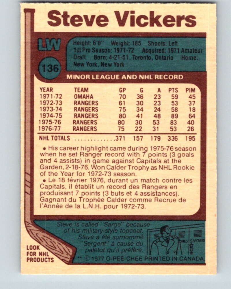 1977-78 O-Pee-Chee #136 Steve Vickers New York Rangers V13844
