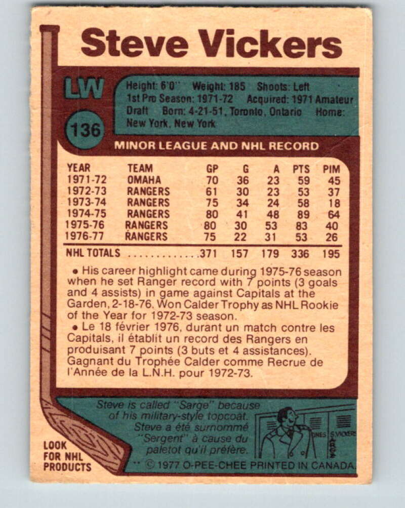 1977-78 O-Pee-Chee #136 Steve Vickers New York Rangers V13845