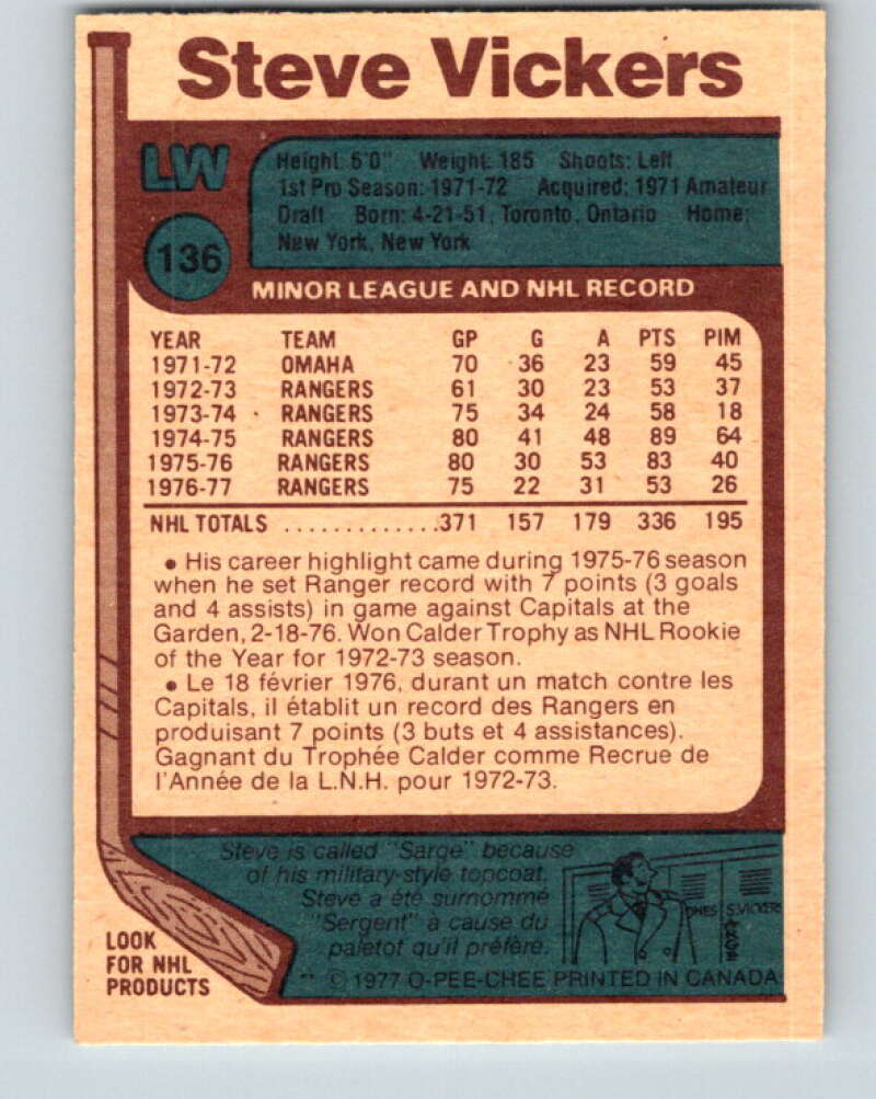 1977-78 O-Pee-Chee #136 Steve Vickers New York Rangers V13846