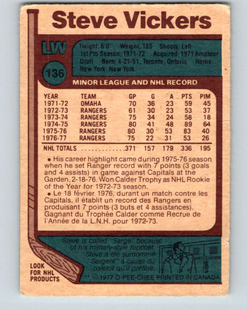 1977-78 O-Pee-Chee #136 Steve Vickers New York Rangers V13847