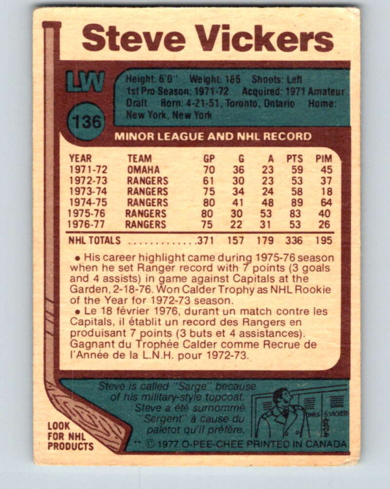1977-78 O-Pee-Chee #136 Steve Vickers New York Rangers V13849