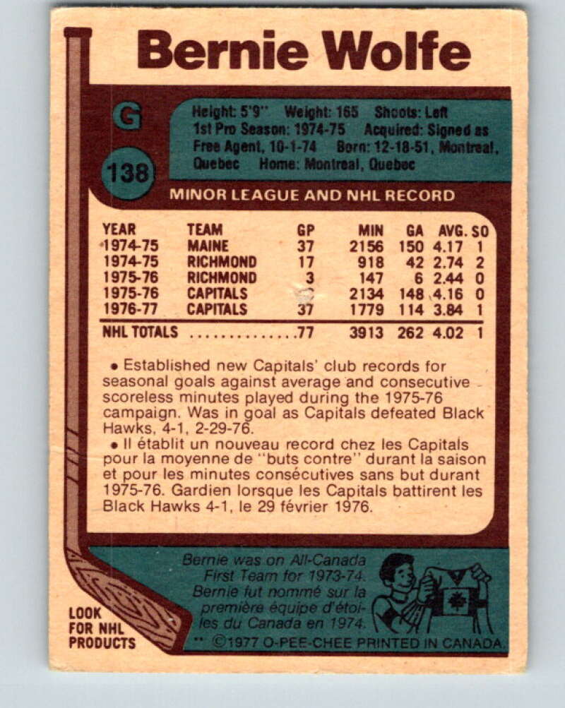 1977-78 O-Pee-Chee #138 Bernie Wolfe Washington Capitals V13858