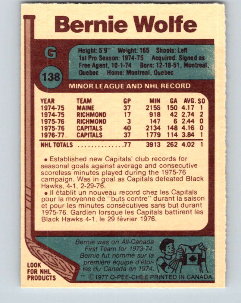 1977-78 O-Pee-Chee #138 Bernie Wolfe Washington Capitals V13859