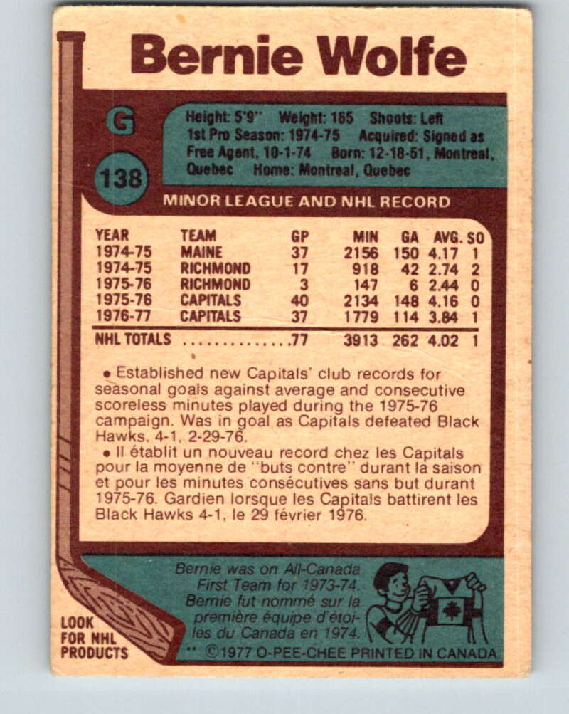 1977-78 O-Pee-Chee #138 Bernie Wolfe Washington Capitals V13861