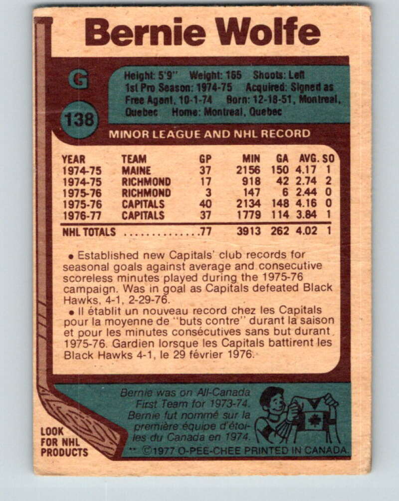 1977-78 O-Pee-Chee #138 Bernie Wolfe Washington Capitals V13862