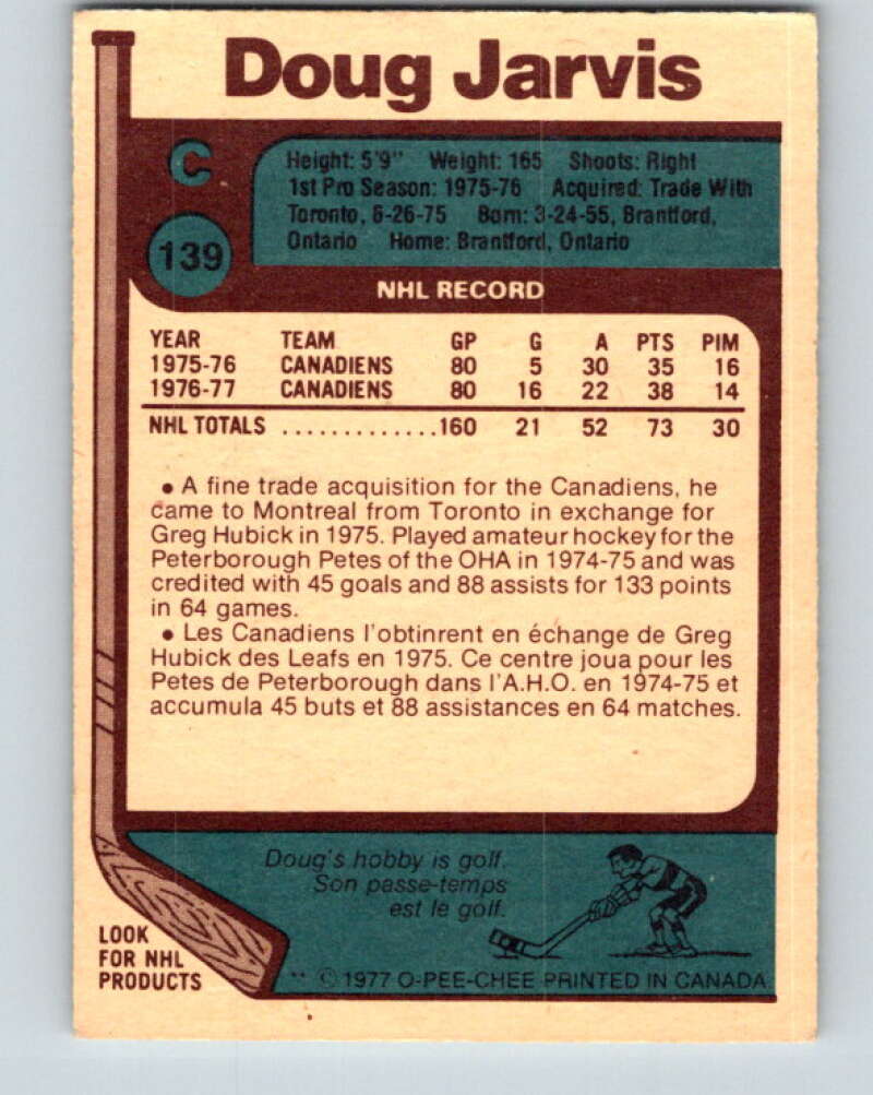 1977-78 O-Pee-Chee #139 Doug Jarvis Montreal Canadiens V13864