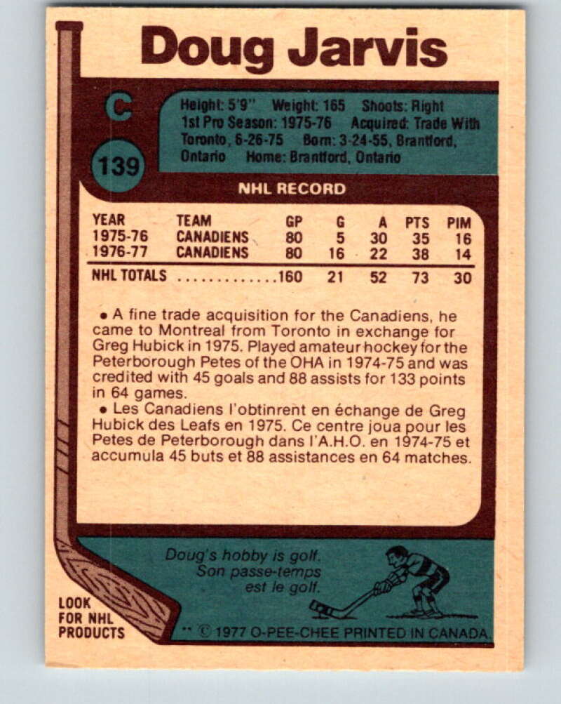 1977-78 O-Pee-Chee #139 Doug Jarvis Montreal Canadiens V13865