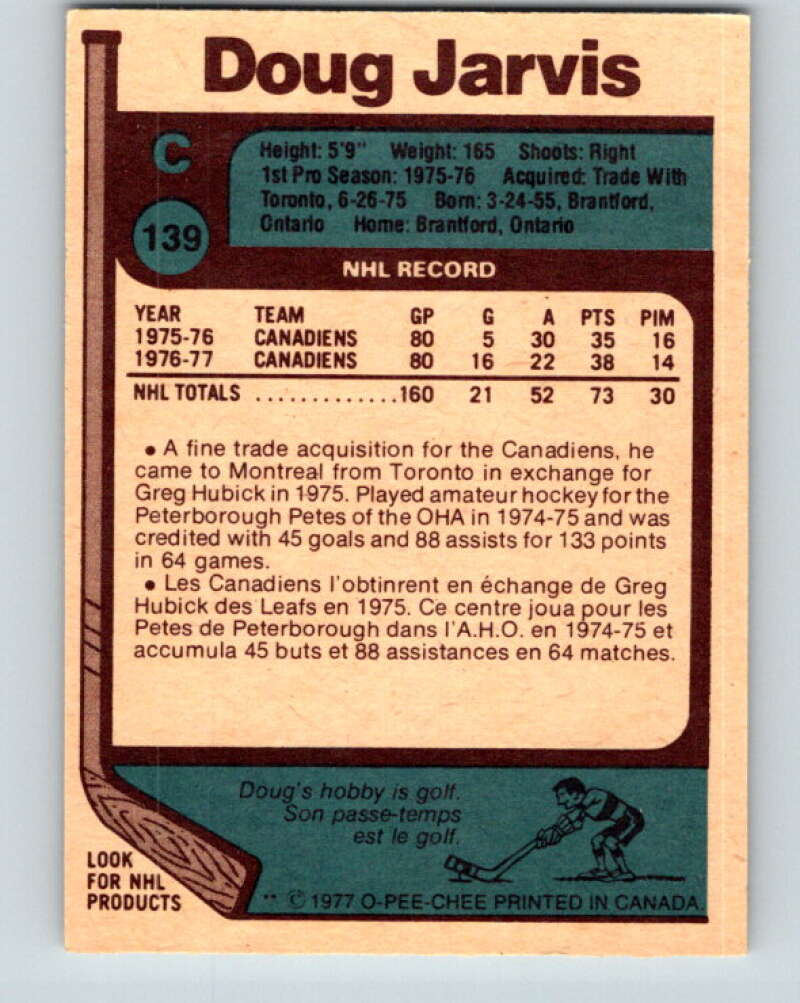1977-78 O-Pee-Chee #139 Doug Jarvis Montreal Canadiens V13867