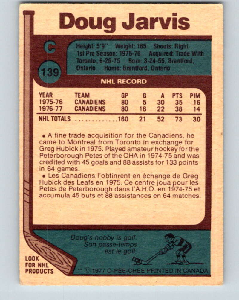 1977-78 O-Pee-Chee #139 Doug Jarvis Montreal Canadiens V13868