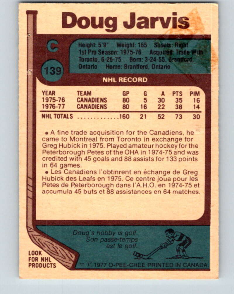 1977-78 O-Pee-Chee #139 Doug Jarvis Montreal Canadiens V13869