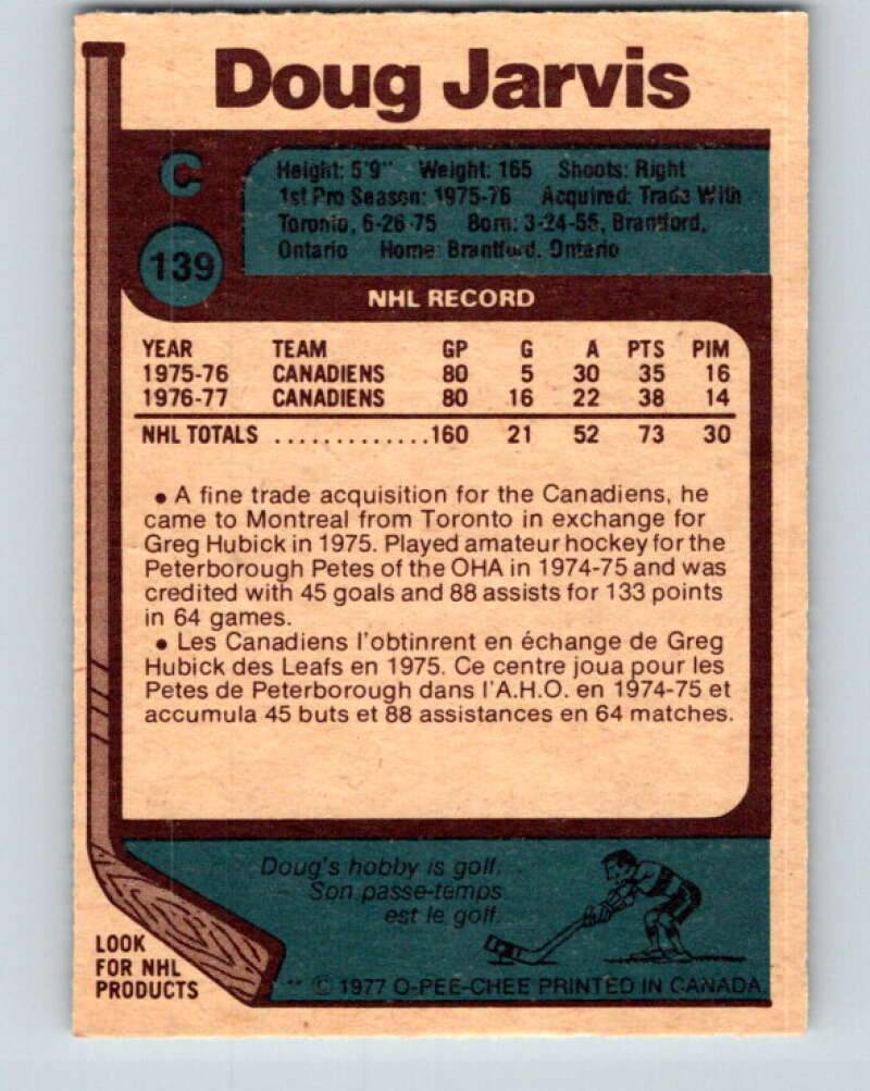 1977-78 O-Pee-Chee #139 Doug Jarvis Montreal Canadiens V13872