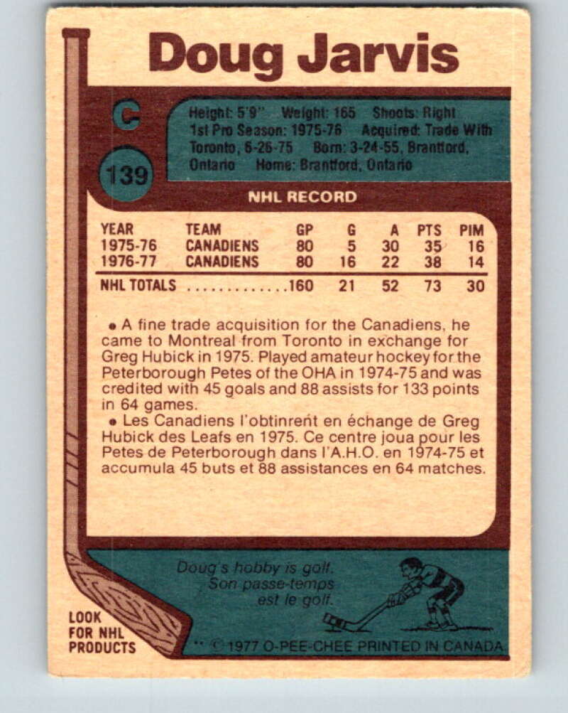 1977-78 O-Pee-Chee #139 Doug Jarvis Montreal Canadiens V13876