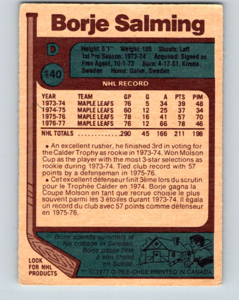 1977-78 O-Pee-Chee #140 Borje Salming AS Toronto Maple Leafs V13880