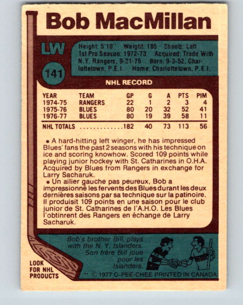 1977-78 O-Pee-Chee #141 Bob MacMillan St. Louis Blues V13884