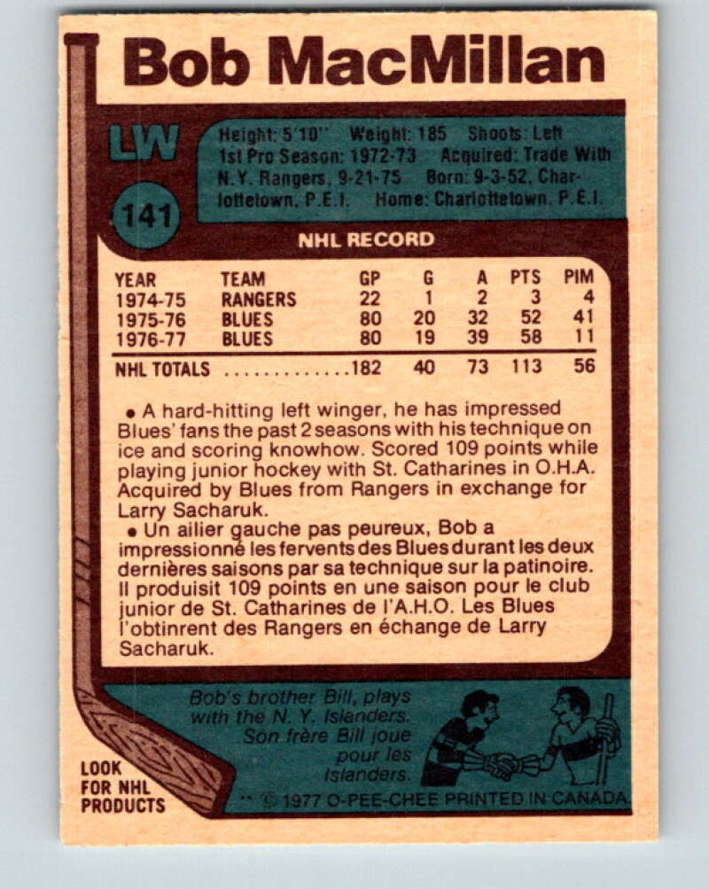 1977-78 O-Pee-Chee #141 Bob MacMillan St. Louis Blues V13885