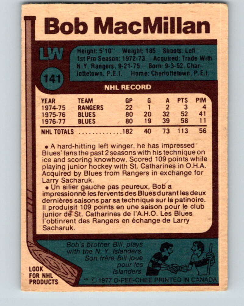1977-78 O-Pee-Chee #141 Bob MacMillan St. Louis Blues V13886