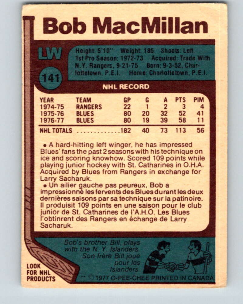 1977-78 O-Pee-Chee #141 Bob MacMillan St. Louis Blues V13887