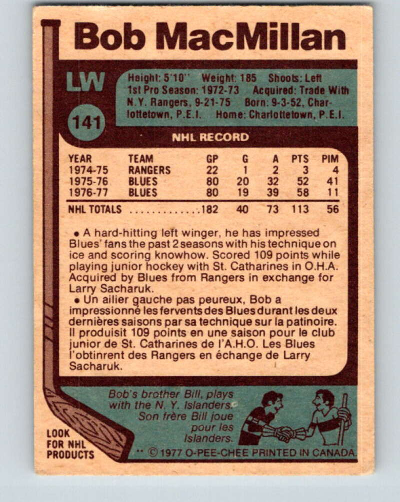 1977-78 O-Pee-Chee #141 Bob MacMillan St. Louis Blues V13888