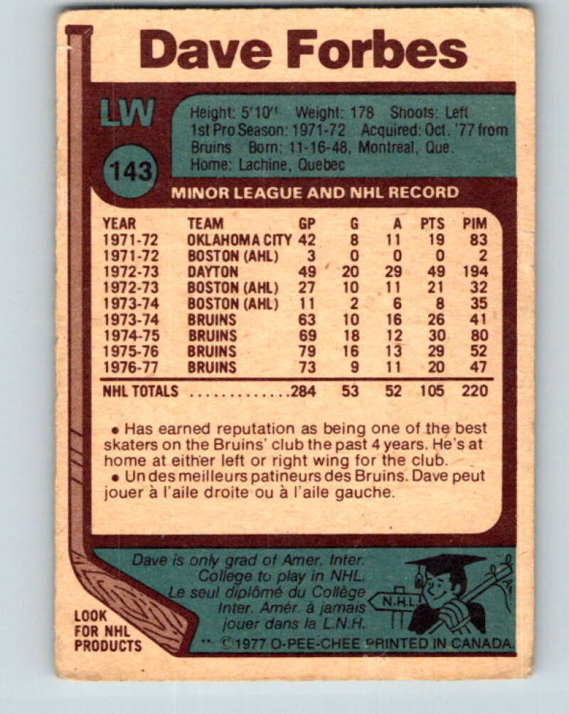 1977-78 O-Pee-Chee #143 Dave Forbes Washington Capitals V13900