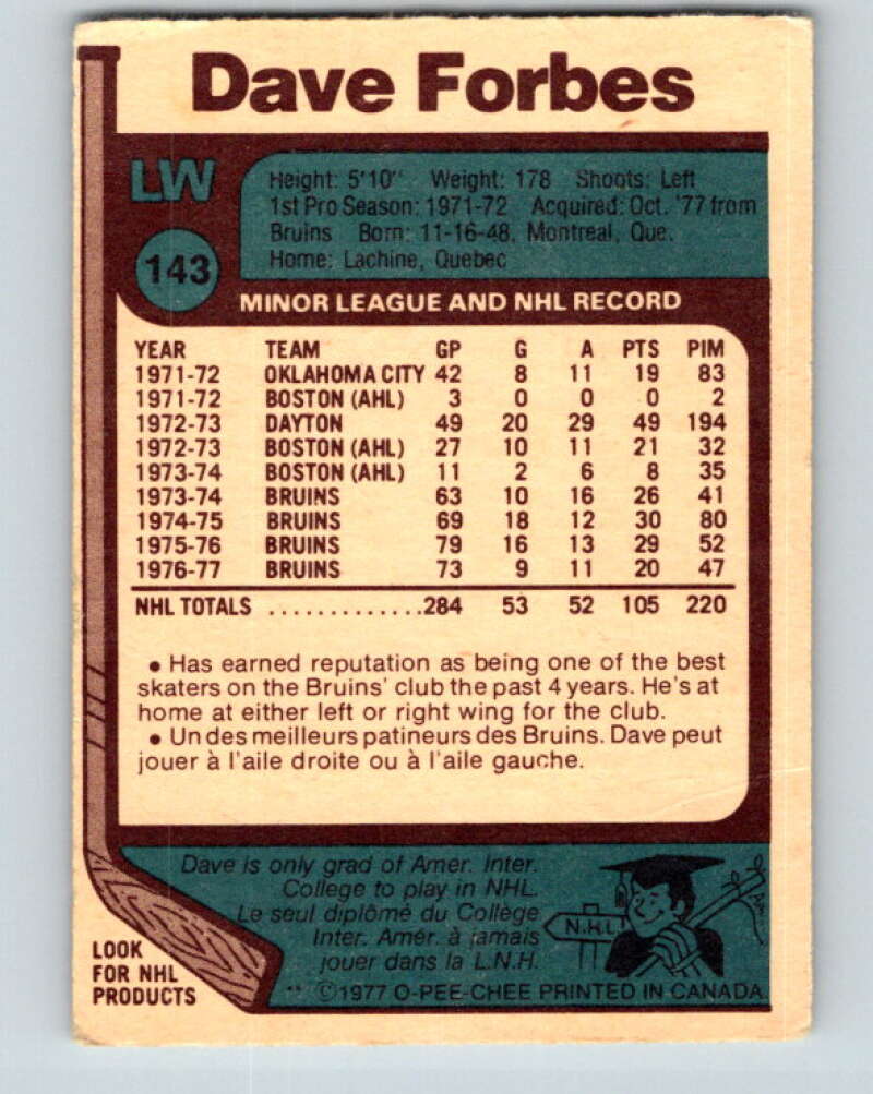 1977-78 O-Pee-Chee #143 Dave Forbes Washington Capitals V13901
