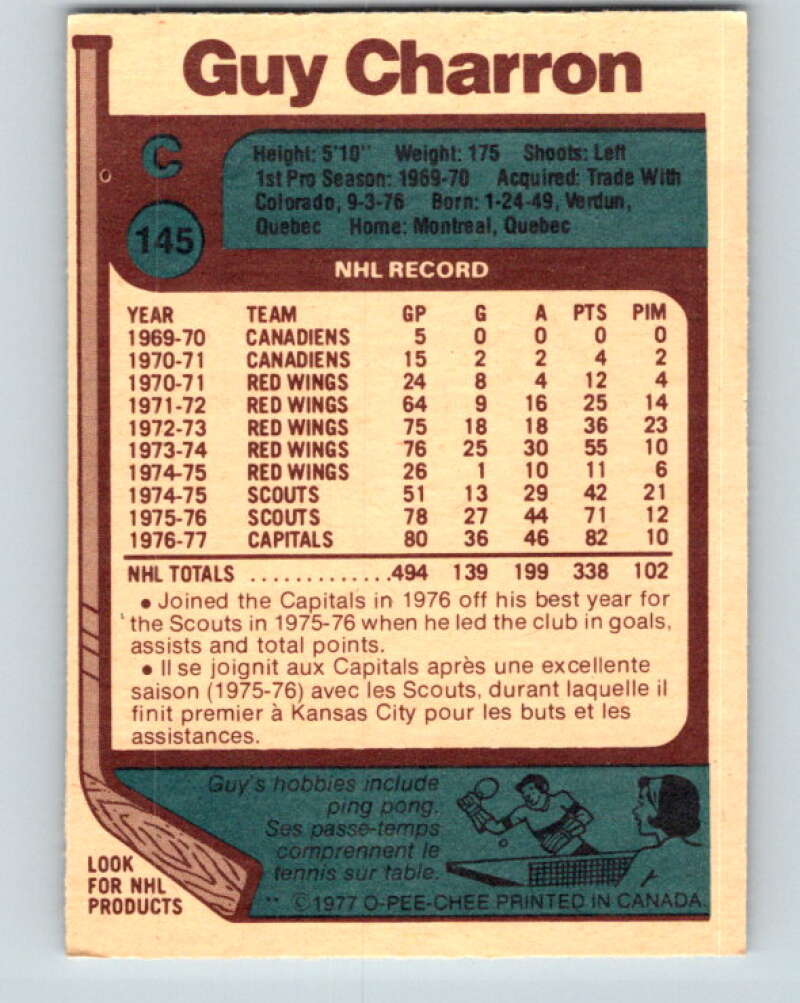 1977-78 O-Pee-Chee #145 Guy Charron Washington Capitals V13913