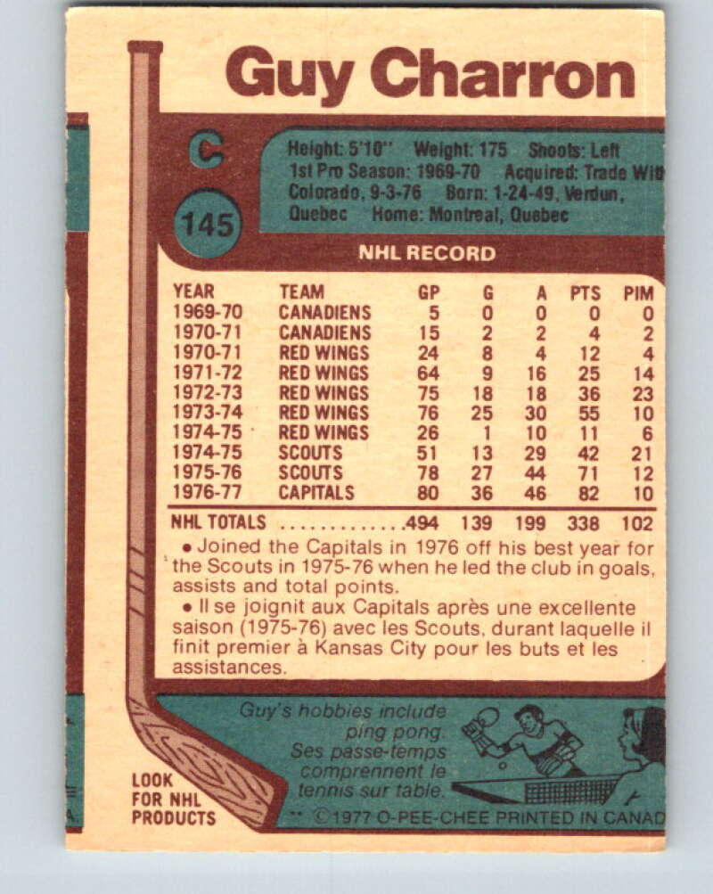 1977-78 O-Pee-Chee #145 Guy Charron Washington Capitals V13914