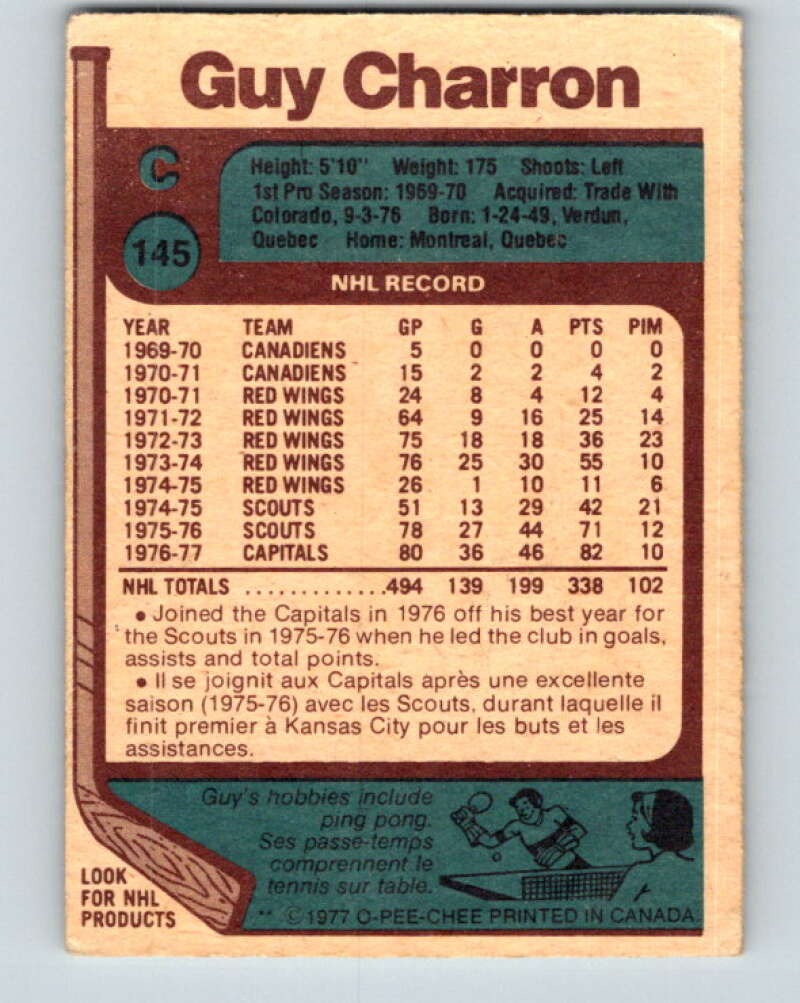 1977-78 O-Pee-Chee #145 Guy Charron Washington Capitals V13915