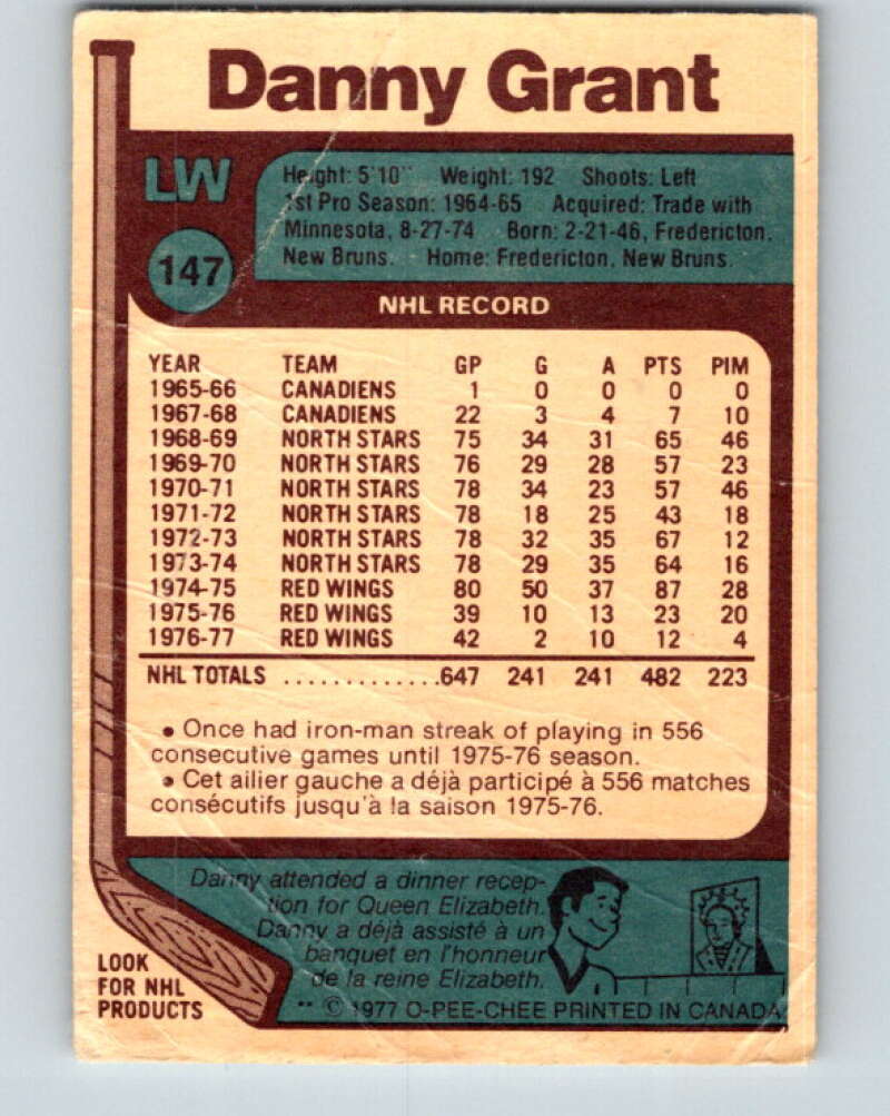 1977-78 O-Pee-Chee #147 Danny Grant Detroit Red Wings V13925