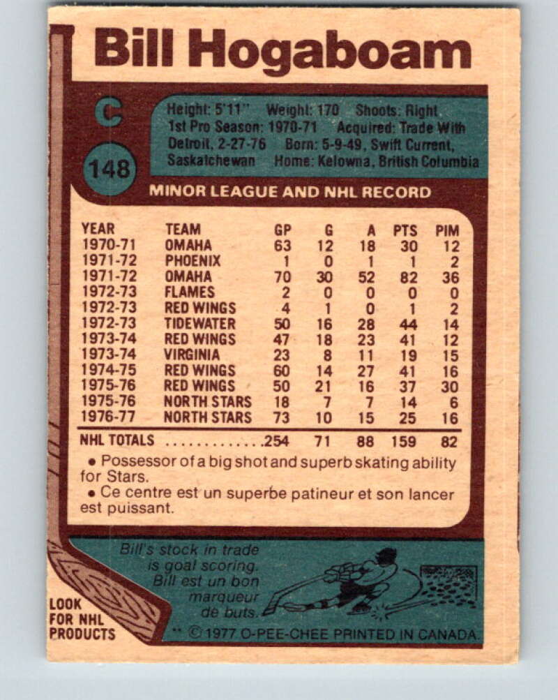 1977-78 O-Pee-Chee #148 Bill Hogaboam Minnesota North Stars V13929