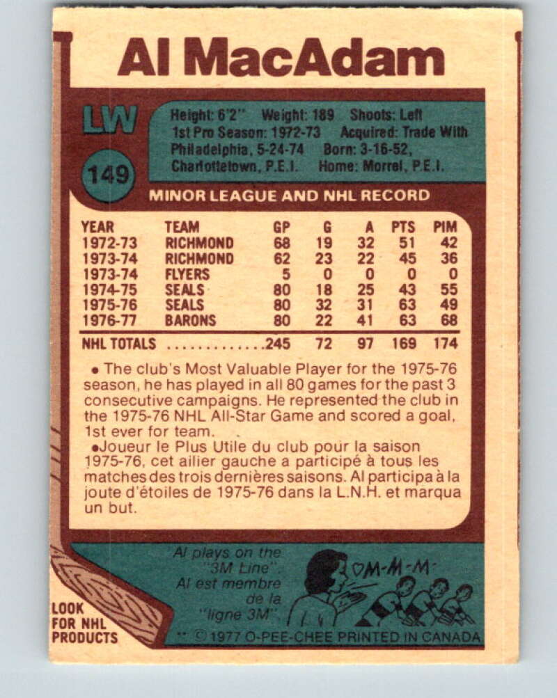 1977-78 O-Pee-Chee #149 Al MacAdam Cleveland Barons V13931