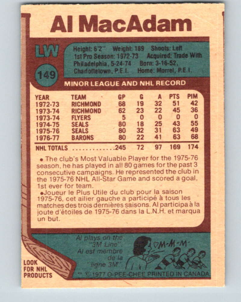 1977-78 O-Pee-Chee #149 Al MacAdam Cleveland Barons V13932