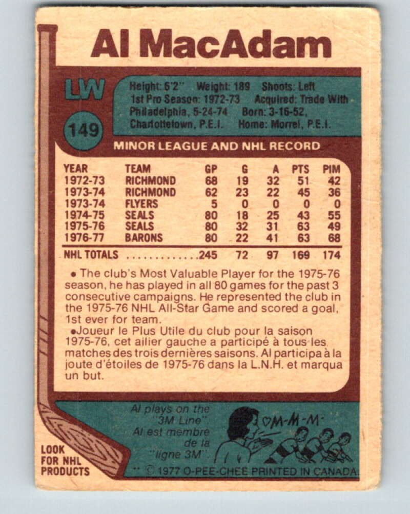 1977-78 O-Pee-Chee #149 Al MacAdam Cleveland Barons V13933