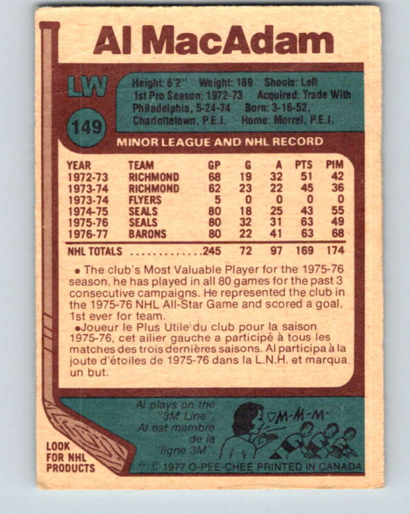 1977-78 O-Pee-Chee #149 Al MacAdam Cleveland Barons V13934