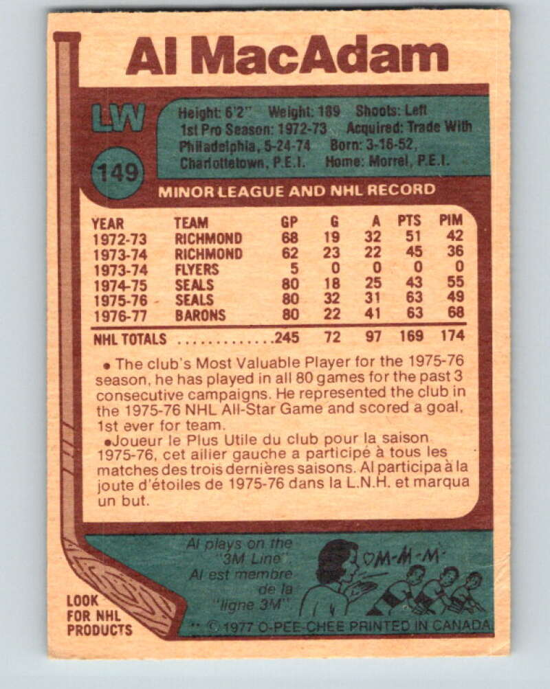 1977-78 O-Pee-Chee #149 Al MacAdam Cleveland Barons V13937