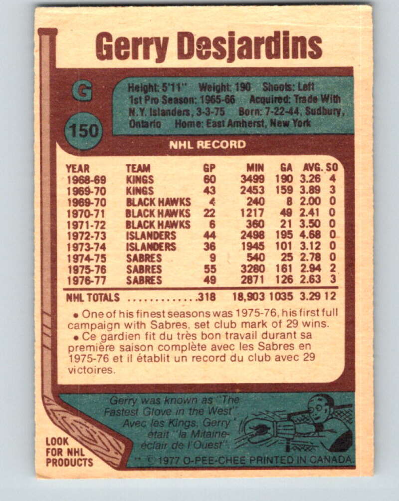 1977-78 O-Pee-Chee #150 Gerry Desjardins Buffalo Sabres V13938