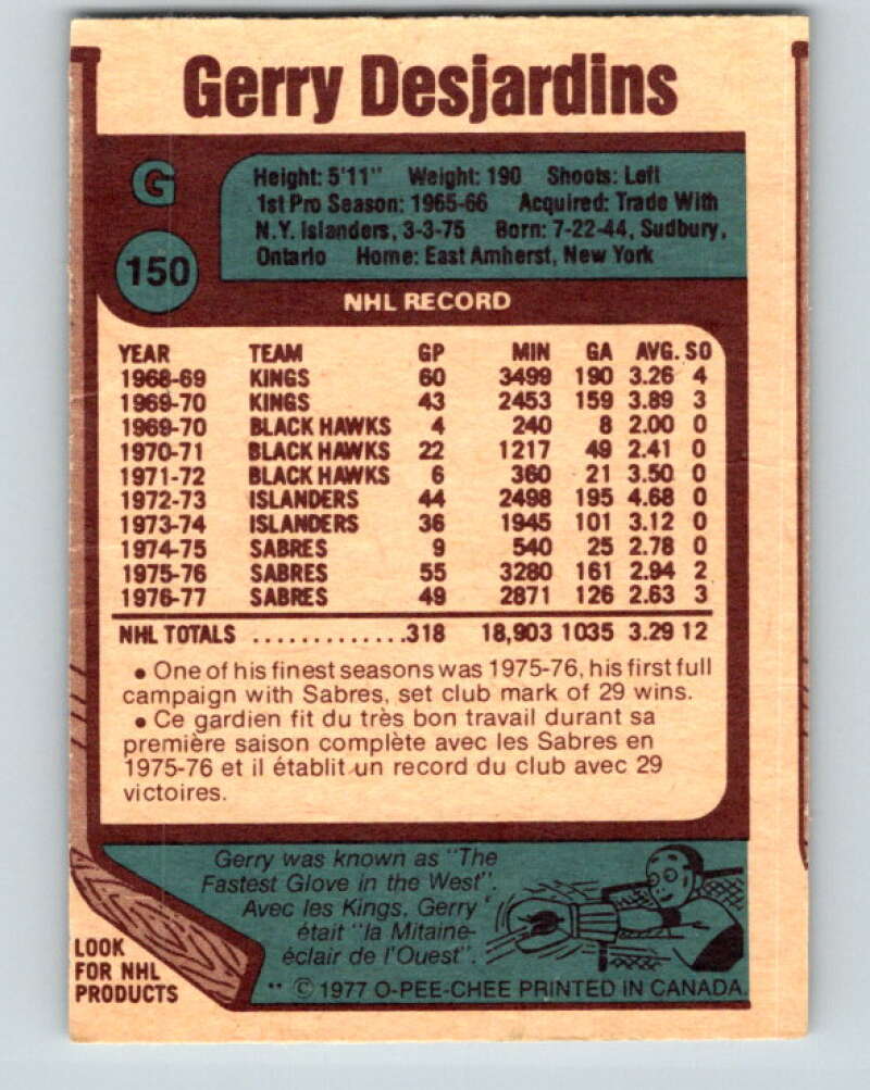 1977-78 O-Pee-Chee #150 Gerry Desjardins Buffalo Sabres V13939