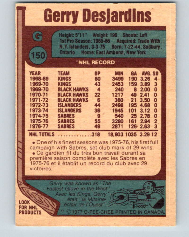 1977-78 O-Pee-Chee #150 Gerry Desjardins Buffalo Sabres V13940