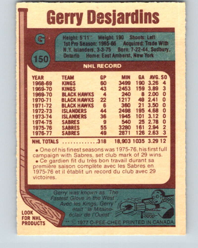 1977-78 O-Pee-Chee #150 Gerry Desjardins Buffalo Sabres V13942