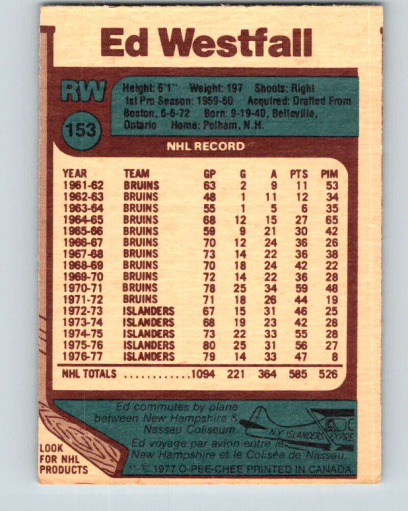 1977-78 O-Pee-Chee #153 Ed Westfall New York Islanders V13970