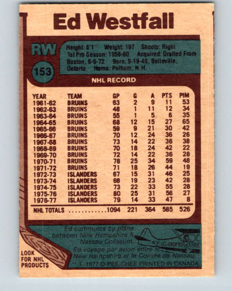 1977-78 O-Pee-Chee #153 Ed Westfall New York Islanders V13971