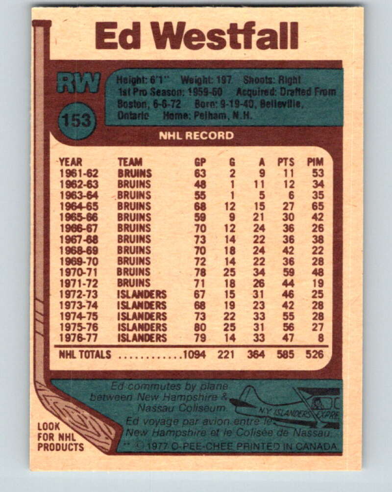 1977-78 O-Pee-Chee #153 Ed Westfall New York Islanders V13972