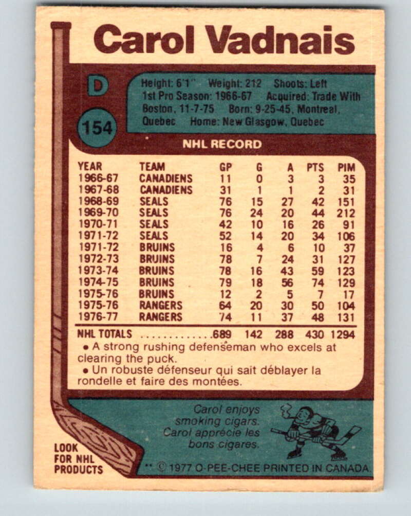 1977-78 O-Pee-Chee #154 Carol Vadnais New York Rangers V13978