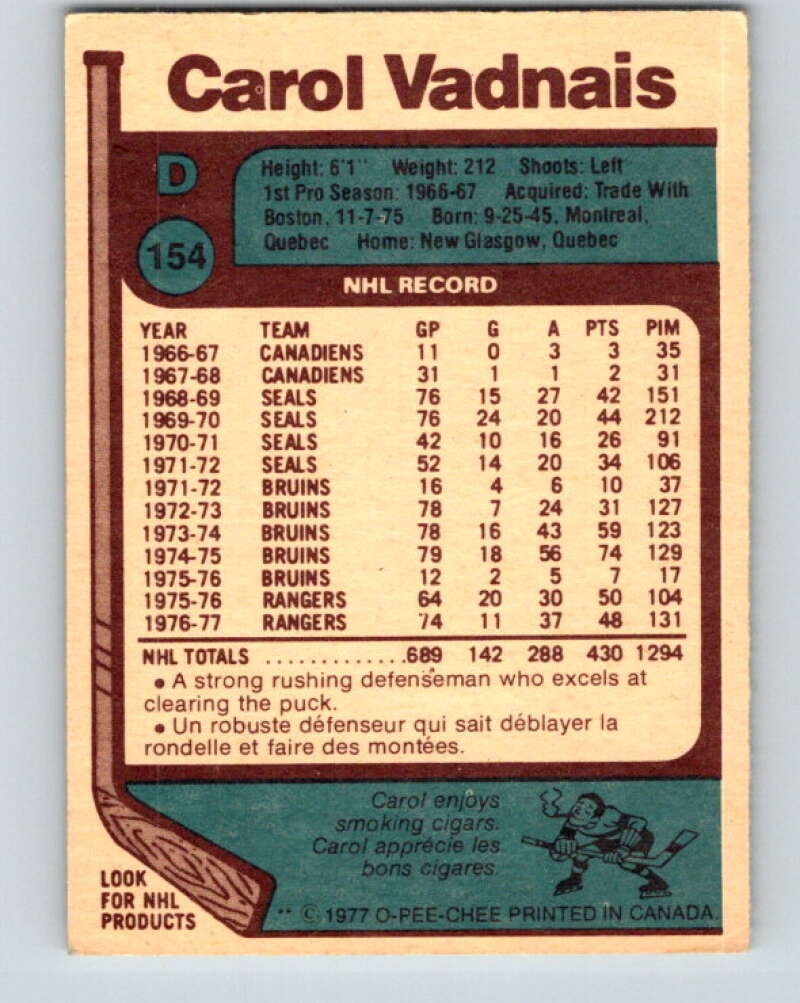 1977-78 O-Pee-Chee #154 Carol Vadnais New York Rangers V13979