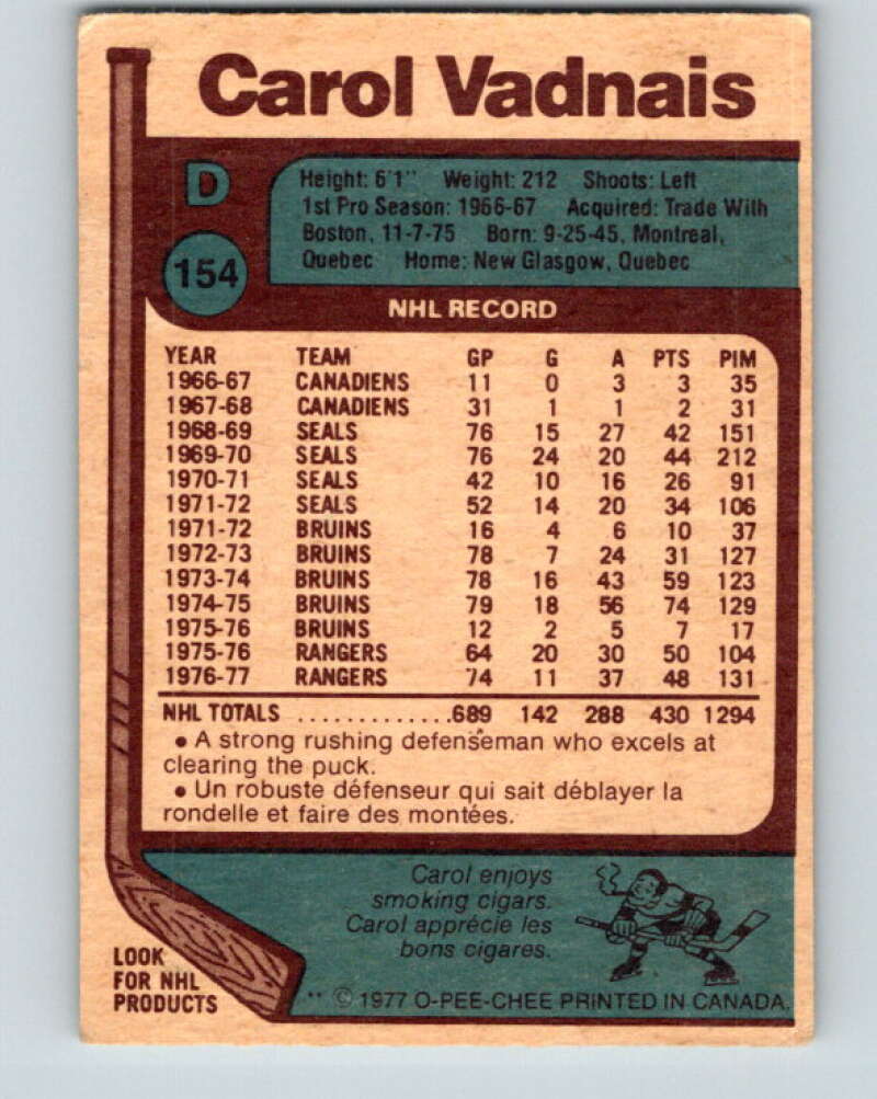 1977-78 O-Pee-Chee #154 Carol Vadnais New York Rangers V13981